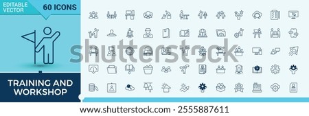 Training and Workshop line icons set. Related to activity, work, coaching, teamwork, job, e learning, education and more. Outline icon collections. Editable vector illustration.