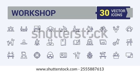 Training and Workshop line icons set. Related to activity, work, coaching, teamwork, job, e learning, education and more. Outline icon collections. Editable vector illustration.