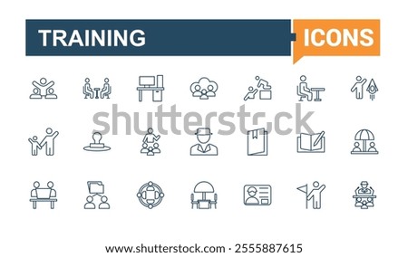 Training and Workshop line icons set. Related to activity, work, coaching, teamwork, job, e learning, education and more. Outline icon collections. Editable vector illustration.
