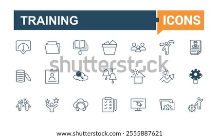 Training and Workshop line icons set. Related to activity, work, coaching, teamwork, job, e learning, education and more. Outline icon collections. Editable vector illustration.