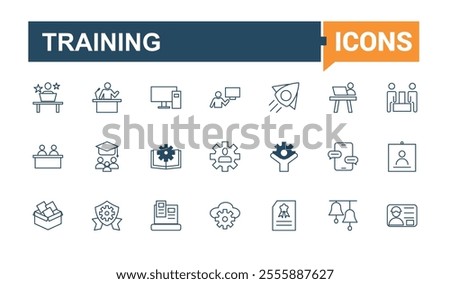 Training and Workshop line icons set. Related to activity, work, coaching, teamwork, job, e learning, education and more. Outline icon collections. Editable vector illustration.