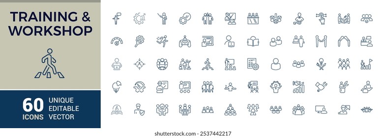 Conjunto de iconos de Web de línea de entrenamiento y taller. Contiene iconos como reuniones, educación, aula, aprendizaje electrónico, formación, oficina, coaching y más. Píxel perfecto. Icono de Vector editable e ilustración.