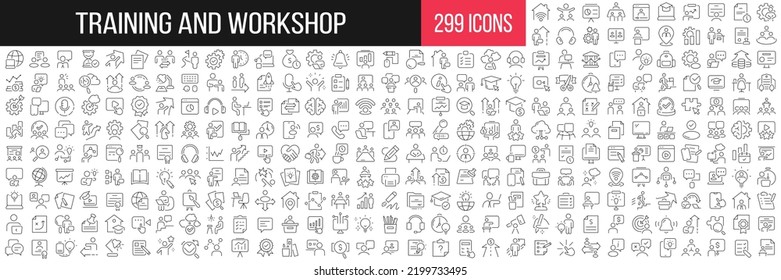 Sammlung linearer Symbole für Training und Workshop. Große Menge von 299 dünnen Linien Icons in Schwarz. Vektorgrafik