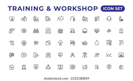 Lineare Ikonensammlung in Training und Workshop.Set von dünnen Web-Icons Satz, einfache Umrisssymbole Sammlung, Pixel Perfect Icons, einfache Vektorgrafik.
