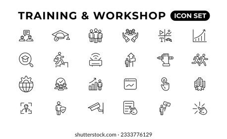 Training and workshop linear icons collection.Set of thin line web icon set, simple line icons collection, Pixel Perfect icons, Eadible vector illustration.
