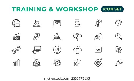Colección de iconos lineales de entrenamiento y taller.Conjunto de iconos web de línea delgada, colección de iconos de línea simple, Iconos Pixel Perfect, Ilustración de vector editable.

