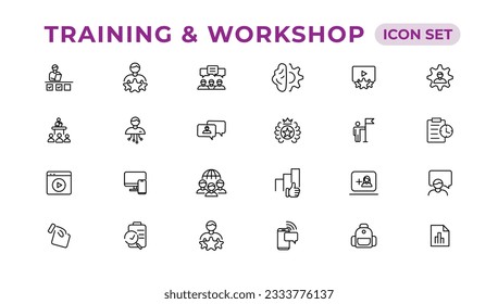 Training and workshop linear icons collection.Set of thin line web icon set, simple line icons collection, Pixel Perfect icons, Editable vector illustration.

