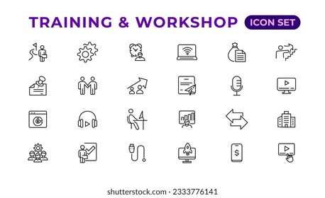 Training and workshop linear icons collection.Set of thin line web icon set, simple line icons collection, Pixel Perfect icons, Editable vector illustration.
