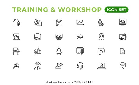 Training and workshop linear icons collection.Set of thin line web icon set, simple line icons collection, Pixel Perfect icons, Editable vector illustration.
