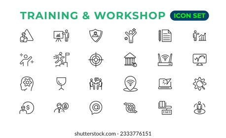 Lineare Ikonensammlung in Training und Workshop.Set von dünnen Web-Icons Satz, einfache Linie Icons Sammlung, Pixel Perfect Icons, Bearbeitbare Vektorgrafik.
