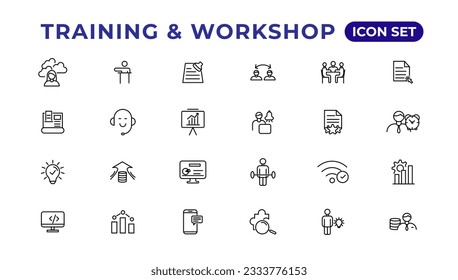 Training and workshop linear icons collection.Set of thin line web icon set, simple line icons collection, Pixel Perfect icons, Editable vector illustration.
