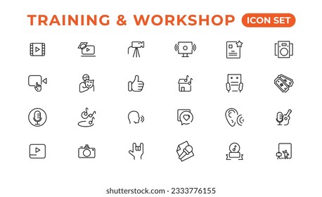 Training and workshop linear icons collection.Set of thin line web icon set, simple line icons collection, Pixel Perfect icons, Eadible vector illustration.
