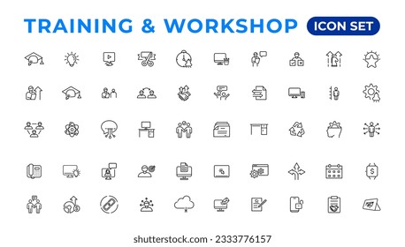 Colección de iconos lineales de entrenamiento y taller.Conjunto de iconos web de línea delgada, colección de iconos de contorno simple, Iconos Pixel Perfect, Ilustración vectorial simple.
