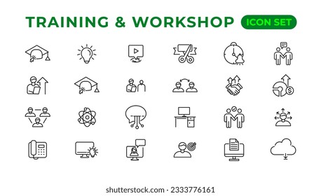 Colección de iconos lineales de entrenamiento y taller.Conjunto de iconos web de línea delgada, colección de iconos de línea simple, Iconos Pixel Perfect, Ilustración de vector fácil.
