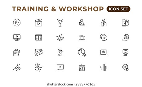 Lineare Ikonensammlung in Training und Workshop.Set von dünnen Web-Icons Satz, einfache Linie Icons Sammlung, Pixel Perfect Icons, Eadible Vektorgrafik.
