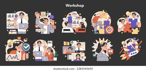 Training workshop night or dark mode set. Interactive training process. Professional development. Increasing of business competences and skills. Flat vector illustration