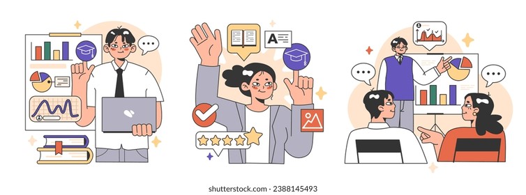 Training workshop set. Interactive training process. Professional development. Increasing of business competences and skills. Flat vector illustration