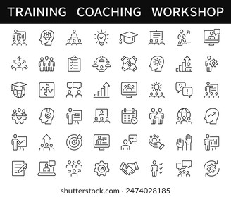 Training and Workshop thin line icons set. Coaching, education, seminar icon. Vector