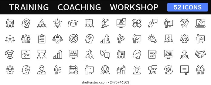 Training and Workshop thin line icons set. Coaching, education, seminar icon. Vector