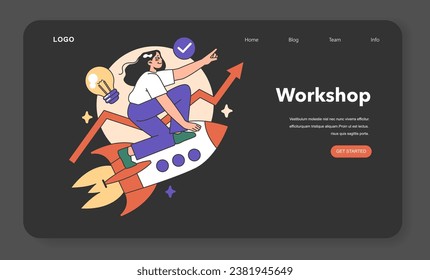 Training workshop web banner or landing page night or dark mode. Interactive training process. Professional development. Increasing of business competences and skills. Flat vector illustration
