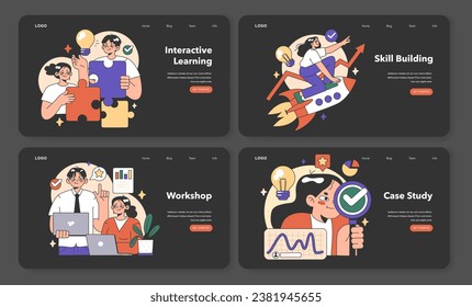 Training workshop web banner or landing page night or dark mode set. Interactive training process. Professional development. Increasing of business competences and skills. Flat vector illustration