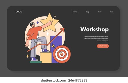 Training workshop web banner or landing page night or dark mode. Interactive training process. Professional development. Increasing of business competences and skills. Flat vector illustration