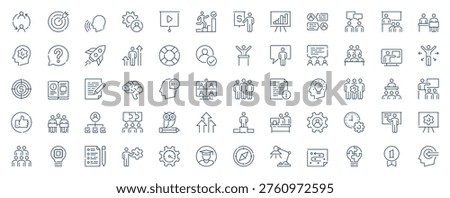 Training workshop web icons set in line stroke design. Outline pictogram pack of sharing experience, professional conference, coaching, collaboration, target, development, more. Vector illustration.