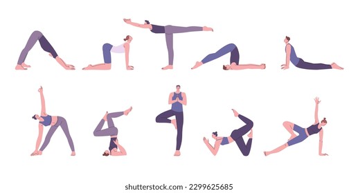 Training yoga characters, aerobic and stretch exercise. Meditate poses, balance morning or evening sport practice. Pilates kicky vector workout