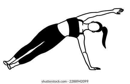 Training in yoga pose female character. Meditation, pilates, mental health. Female, lady, woman, girl. Vector illustration in cartoon flat style isolated on white background. Pilates, training, sport.