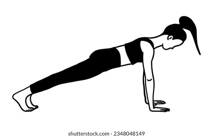 Training in yoga pose female character. Meditation, pilates, mental health. Female, lady, woman, girl. Vector illustration in cartoon flat style isolated on white background. Pilates, training, sport.