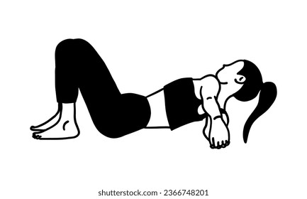 Training in yoga pose female character. Meditation, pilates, mental health. Female, lady, woman, girl. Vector illustration in cartoon flat style isolated on white background. Pilates, training, sport.