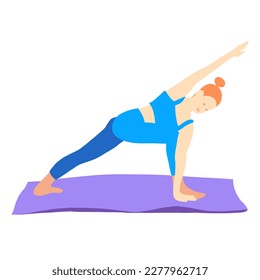 Training in yoga pose of rad hair European girl in blue tracksuit on a purple mat. Pilates, sport, health. Female, lady, woman. Vector illustration in cartoon flat style isolated on white background.