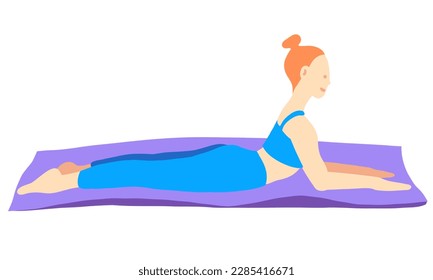 Training in yoga pose of rad hair European girl in blue tracksuit on a purple mat. Pilates, sport, health. Female, lady, woman. Vector illustration in cartoon flat style isolated on white background.