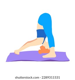 Training in yoga pose of rad hair European girl in blue tracksuit on a purple mat. Pilates, sport, health. Female, lady, woman. Vector illustration in cartoon flat style isolated on white background.