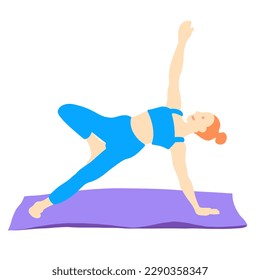 Training in yoga pose of rad hair European girl in blue tracksuit on a purple mat. Pilates, sport, health. Female, lady, woman. Vector illustration in cartoon flat style isolated on white background.