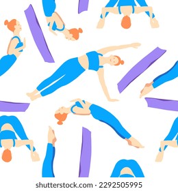 Training in yoga pose of rad hair European girl in blue tracksuit on a purple mat. Pilates, sport, health. Female, lady, woman. Vector illustration in cartoon flat style isolated on white background.