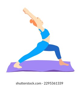 Training in yoga pose of rad hair European girl in blue tracksuit on a purple mat. Pilates, sport, health. Female, lady, woman. Vector illustration in cartoon flat style isolated on white background.