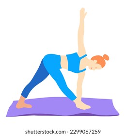 Training in yoga pose of rad hair European girl in blue tracksuit on a purple mat. Pilates, sport, health. Female, lady, woman. Vector illustration in cartoon flat style isolated on white background.