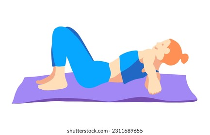 Training in yoga pose of rad hair European girl in blue tracksuit on a purple mat. Pilates, sport, health. Female, lady, woman. Vector illustration in cartoon flat style isolated on white background.