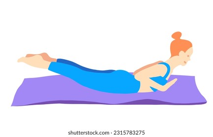 Training in yoga pose of rad hair European girl in blue tracksuit on a purple mat. Pilates, sport, health. Female, lady, woman. Vector illustration in cartoon flat style isolated on white background.