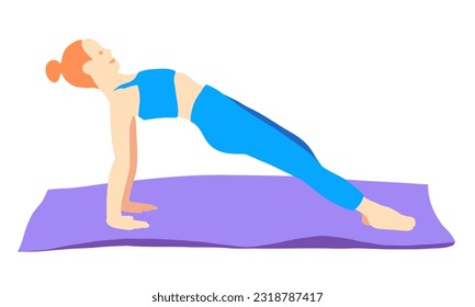 Training in yoga pose of rad hair European girl in blue tracksuit on a purple mat. Pilates, sport, health. Female, lady, woman. Vector illustration in cartoon flat style isolated on white background.