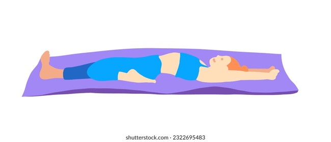 Training in yoga pose of rad hair European girl in blue tracksuit on a purple mat. Pilates, sport, health. Female, lady, woman. Vector illustration in cartoon flat style isolated on white background.