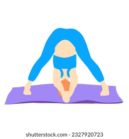 Training in yoga pose of rad hair European girl in blue tracksuit on a purple mat. Pilates, sport, health. Female, lady, woman. Vector illustration in cartoon flat style isolated on white background.