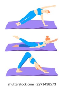 Training in yoga poses of rad hair European girl in blue tracksuit on a purple mat. Pilates, sport, health. Female, lady, woman. Vector illustration in cartoon flat style isolated on white background.