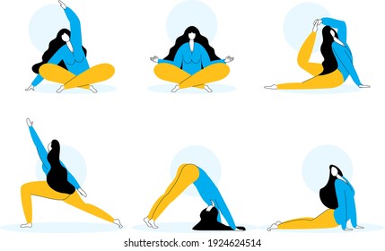 formación de mujeres yoga. Conjunto de diferentes poses de yoga. Mantente en forma. Ilustración moderna de diseño plano vectorial.