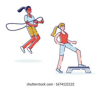 Trainings In Gym Concept. Girls Are Training In The Gym. Characters Are Jumping Rope And Do Basic Step. People Exercising With Professional Equipment. Cartoon Linear Outline Flat Vector Illustration