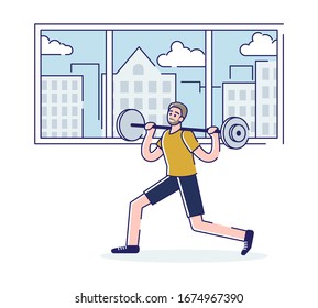 Trainings In Gym Concept. Man is Training In Gym. Character Doing Exercises Lifting Weight. Bodybuilder Is Training in Fitness Center, Lifting Barbell. Cartoon Linear Outline Flat Vector Illustration