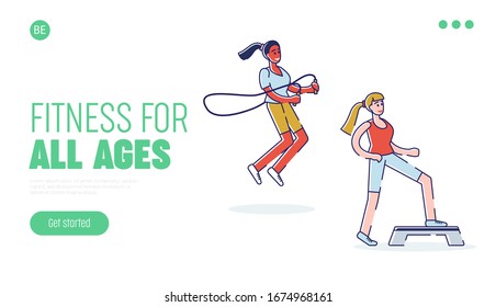 Trainings In Gym Concept. Website Landing Page. Characters Are Jumping Rope And Do Basic Step. People Exercising With Professional Equipment. Cartoon Linear Outline Flat Vector Illustration