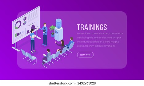 Trainings isometric landing page template. Business presentation, meeting, seminar, staff training, market research, statistics, financial analysis website layout. Company briefing 3d illustration