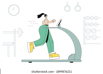 Trainings and sport during COVID-19 pandemic concept. Sportswoman in medical face mask training on treadmill in gym during coronavirus outbreak vector illustration